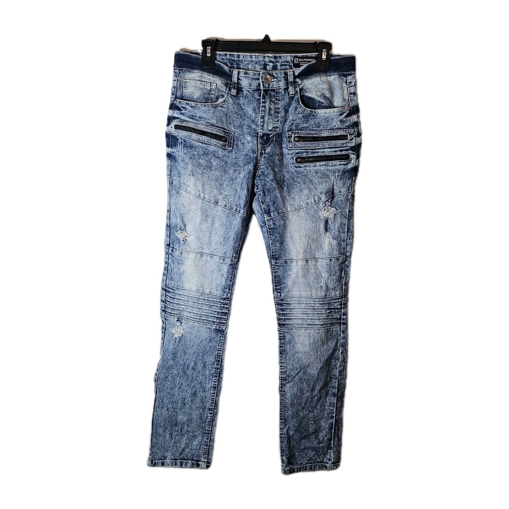 Southpole Men's 32x32 (32x31) Acid Wash Distressed  Biker Moto Skinny Jeans Blue